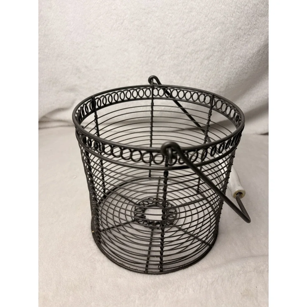 Vintage 90s Farmhouse Wire Basket Pivoting Ceramic Handle Primitive Cottagecore